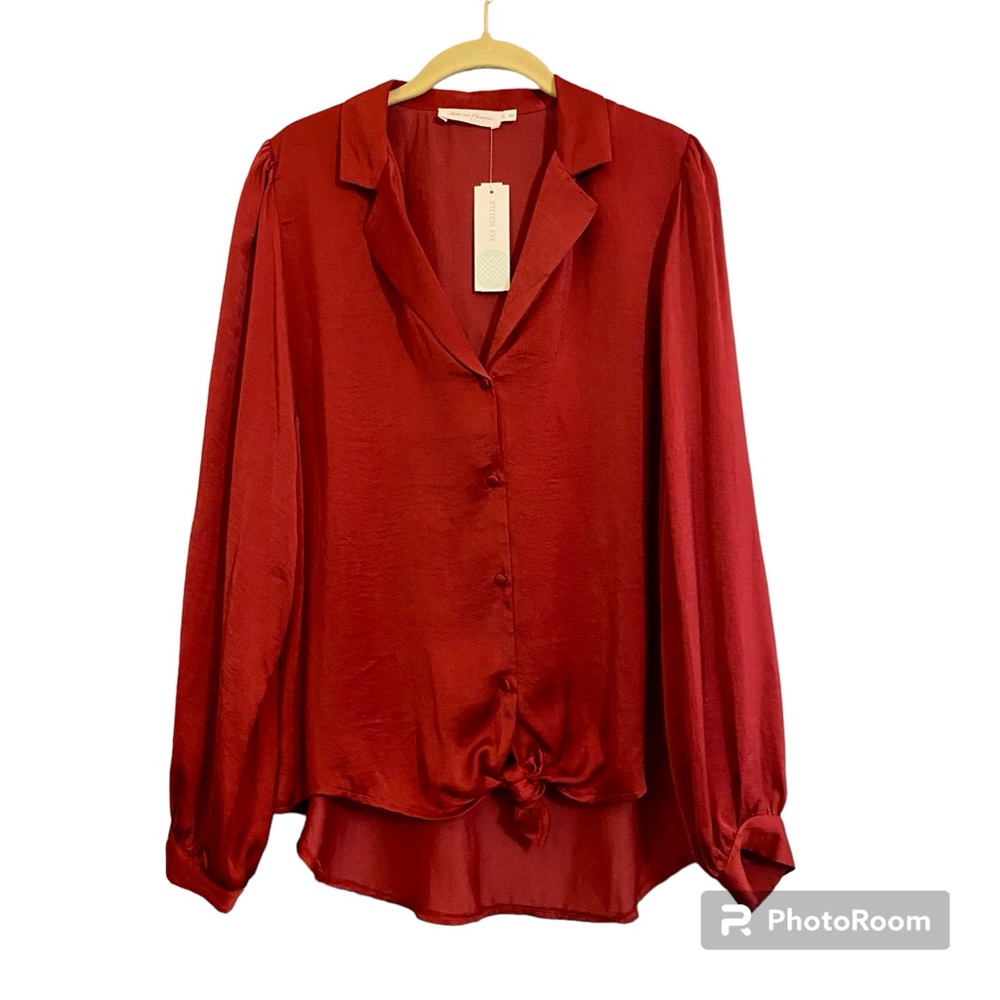 NWT All in Favor Citali Tie Front Silk Burgundy Long Sleeve Blouse Sz L